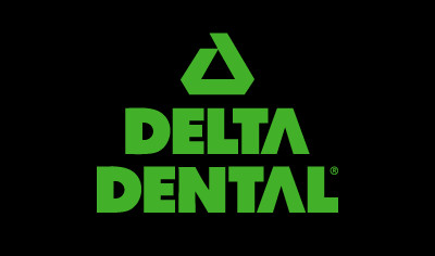 Logo of Delta Dental in green and white with a green triangular shape above the text 'DELTA DENTAL' in bold, green, uppercase letters against a black background.